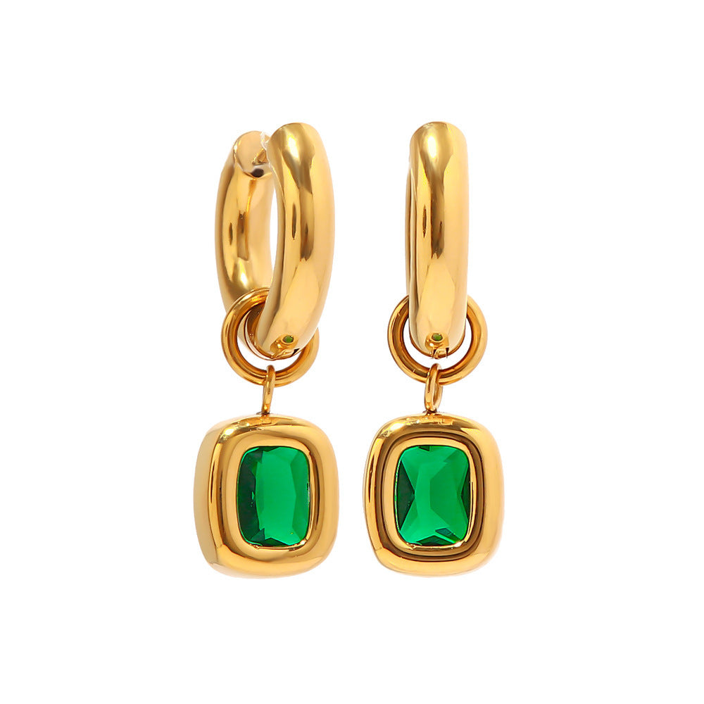 Women's Fashionable And Versatile Green Zirconia Stainless Steel Dangle Earrings-Jewearrings