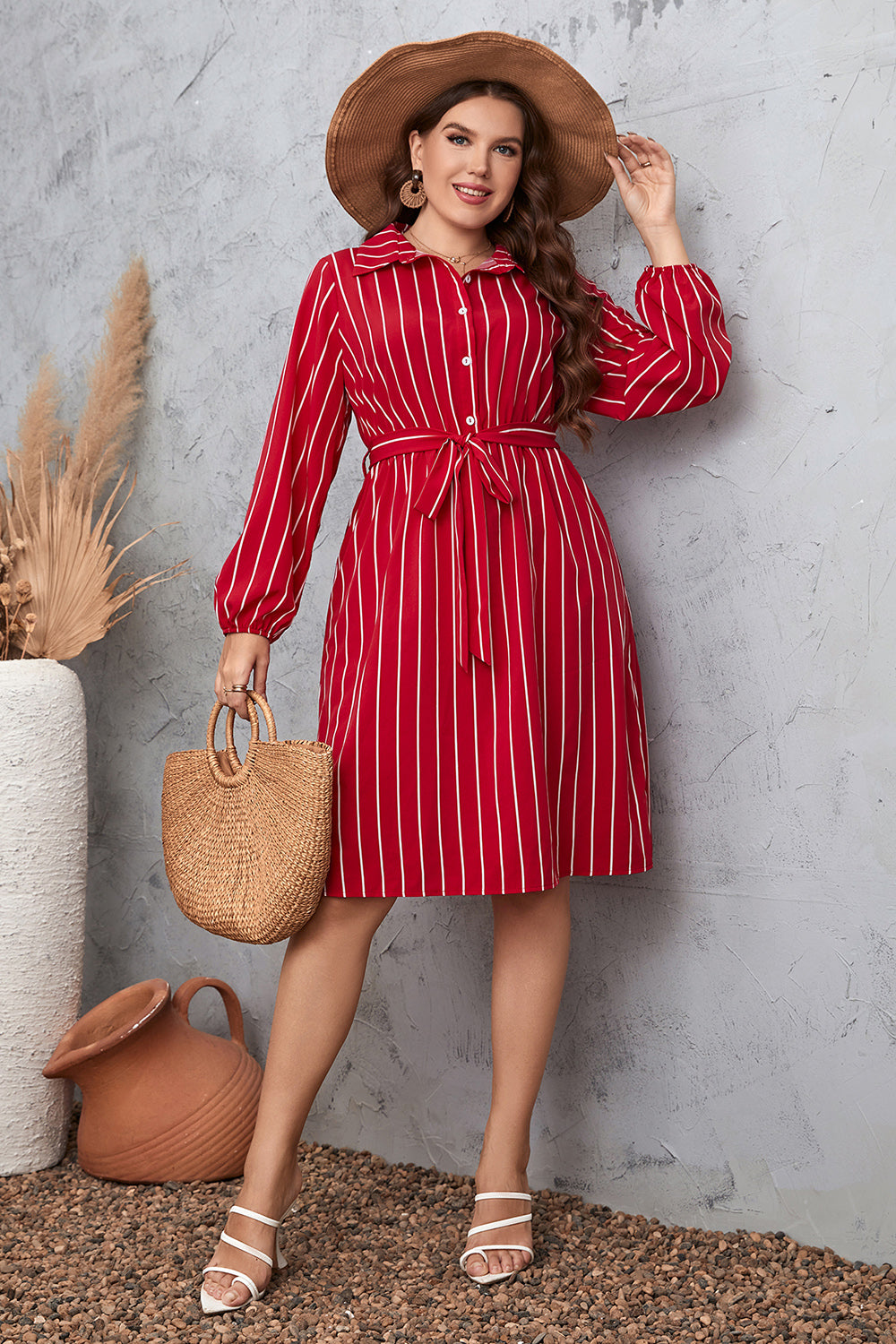 Plus Size Striped Tie Waist Shirt Dress-Jewearrings