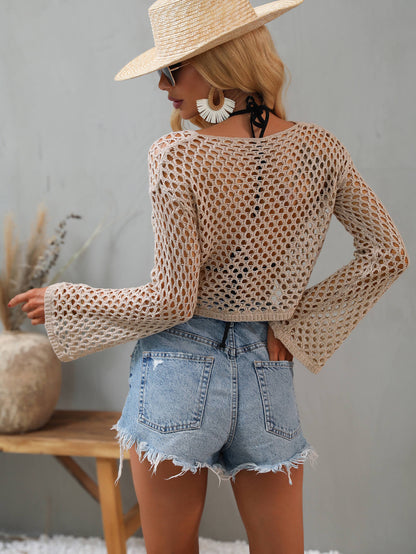 Openwork Flare Sleeve Cropped Cover Up-Jewearrings