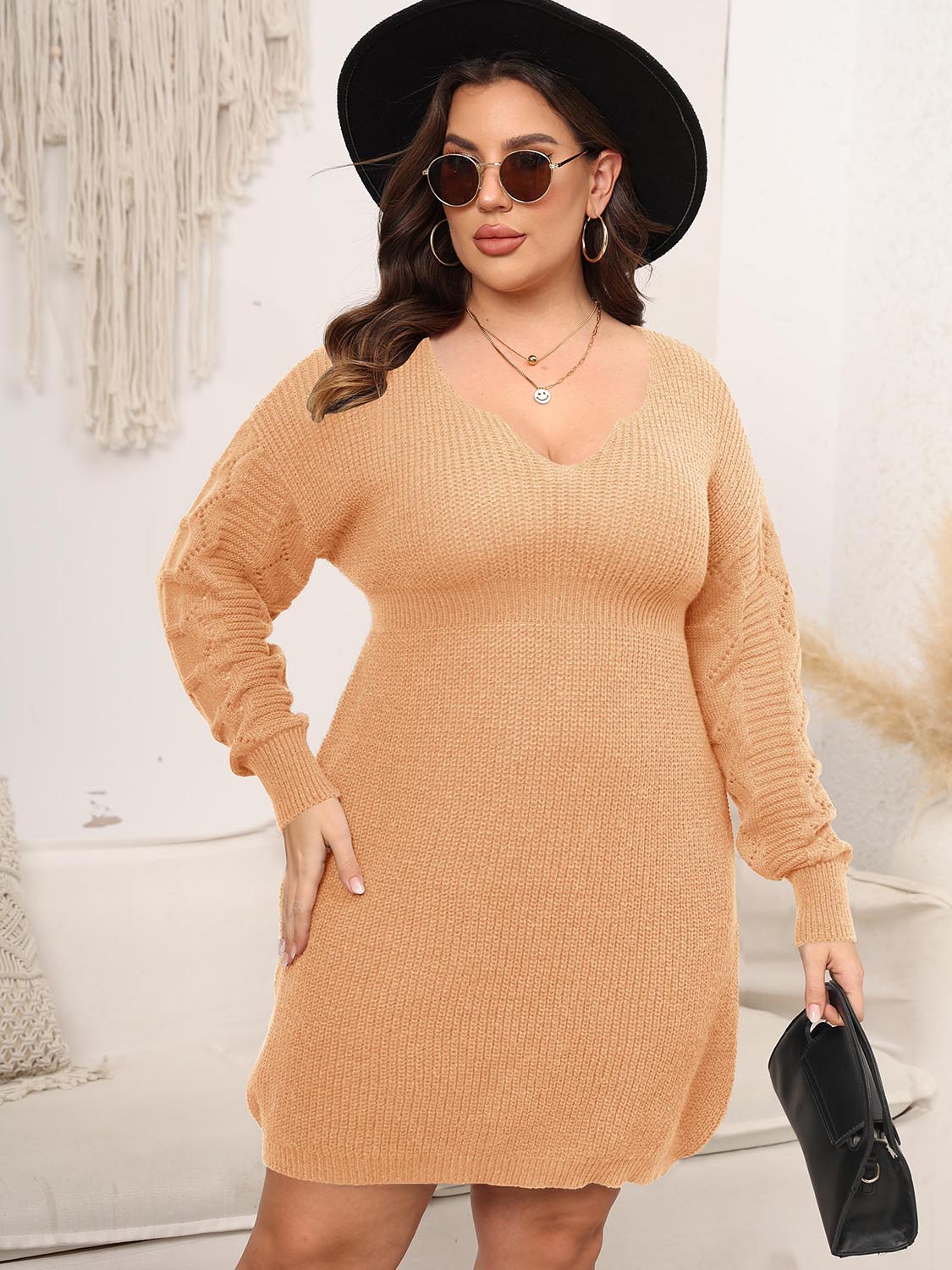 Plus Size Dropped Shoulder Long Sleeve Knit Mini Dress-Jewearrings