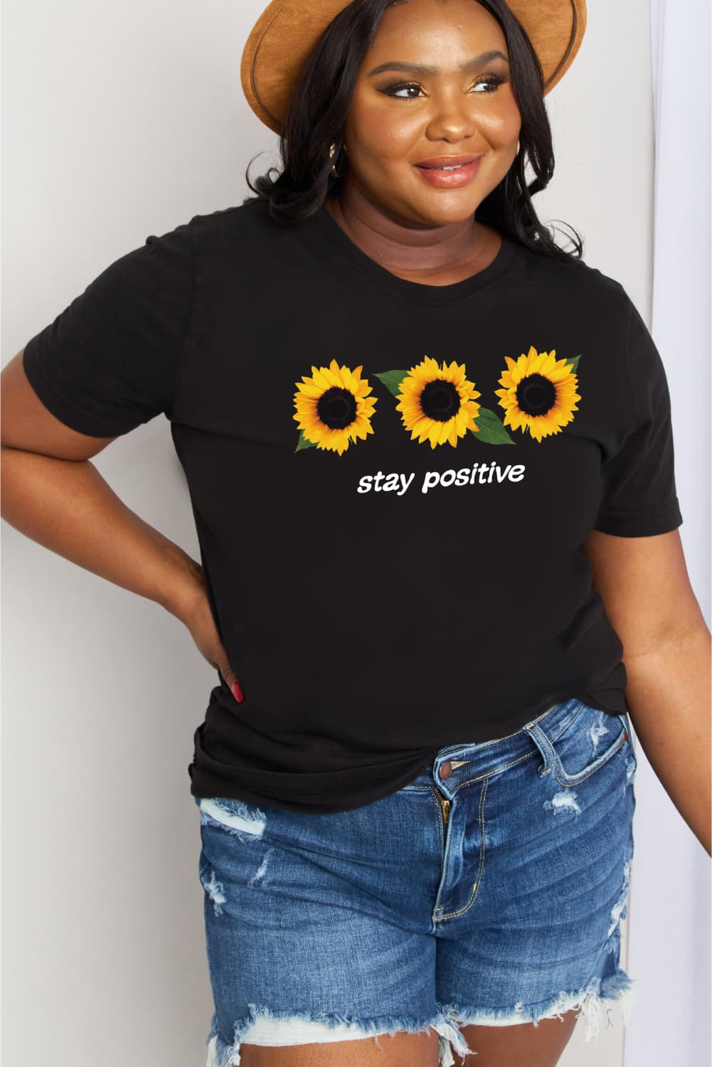 Simply Love Full Size STAY POSITIVE Sunflower Graphic Cotton Tee-Jewearrings