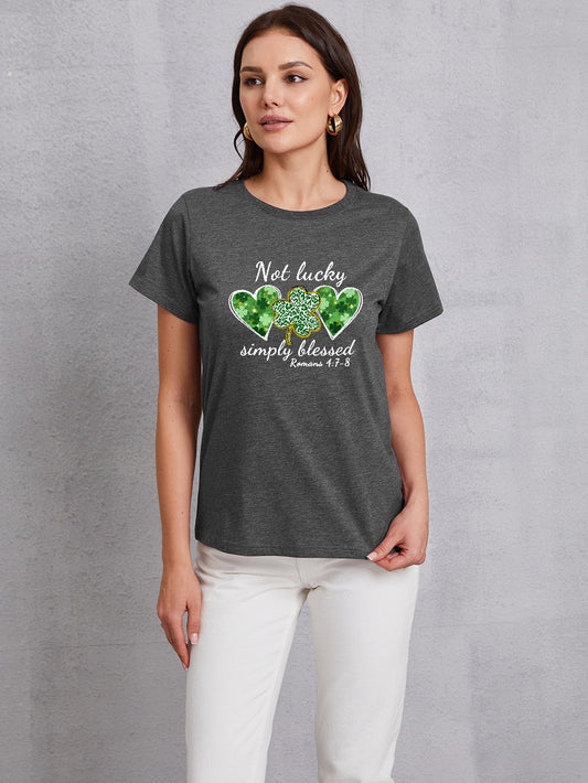 NOT LUCKY SIMPLY BLESSED Heart Round Neck T-Shirt-Jewearrings