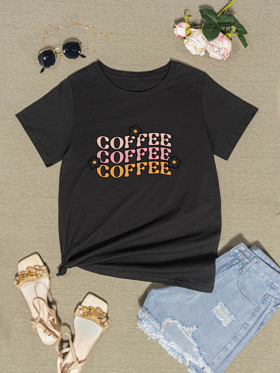 COFFEE Round Neck Short Sleeve T-Shirt-Jewearrings