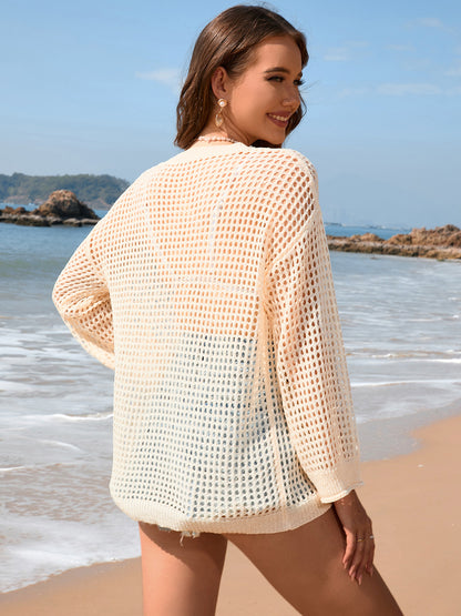 Openwork Dropped Shoulder Long Sleeve Cover-Up-Jewearrings