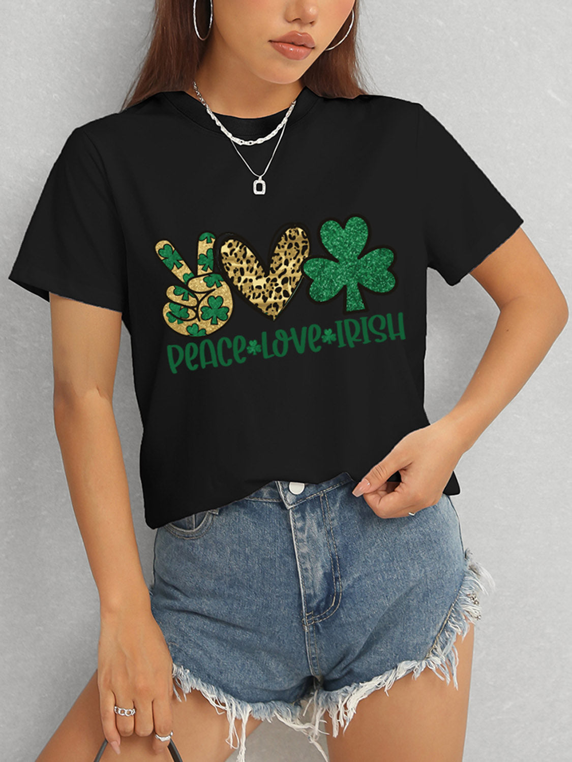 PEACE LOVE IRISH Round Neck Short Sleeve T-Shirt-Jewearrings