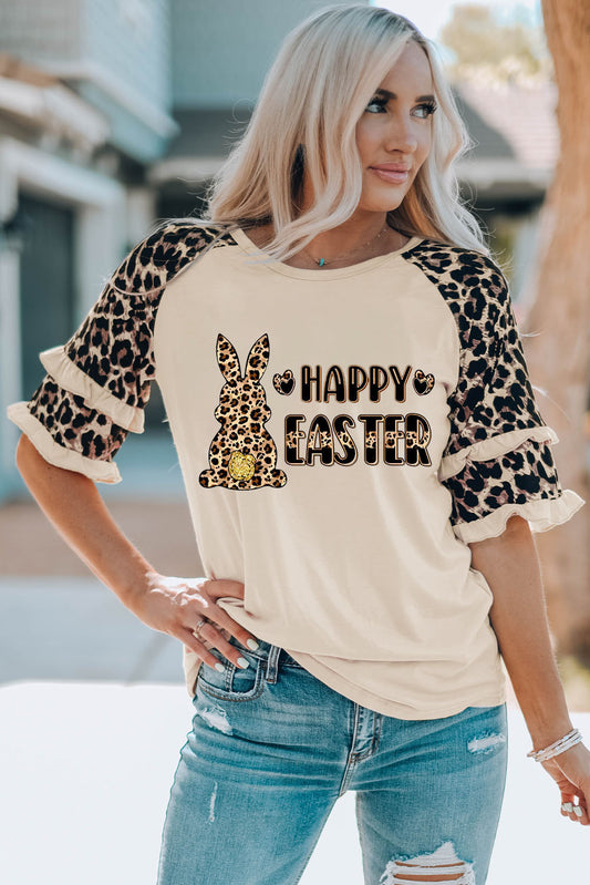 HAPPY EASTER Leopard Graphic Layered Sleeve T-Shirt-Jewearrings