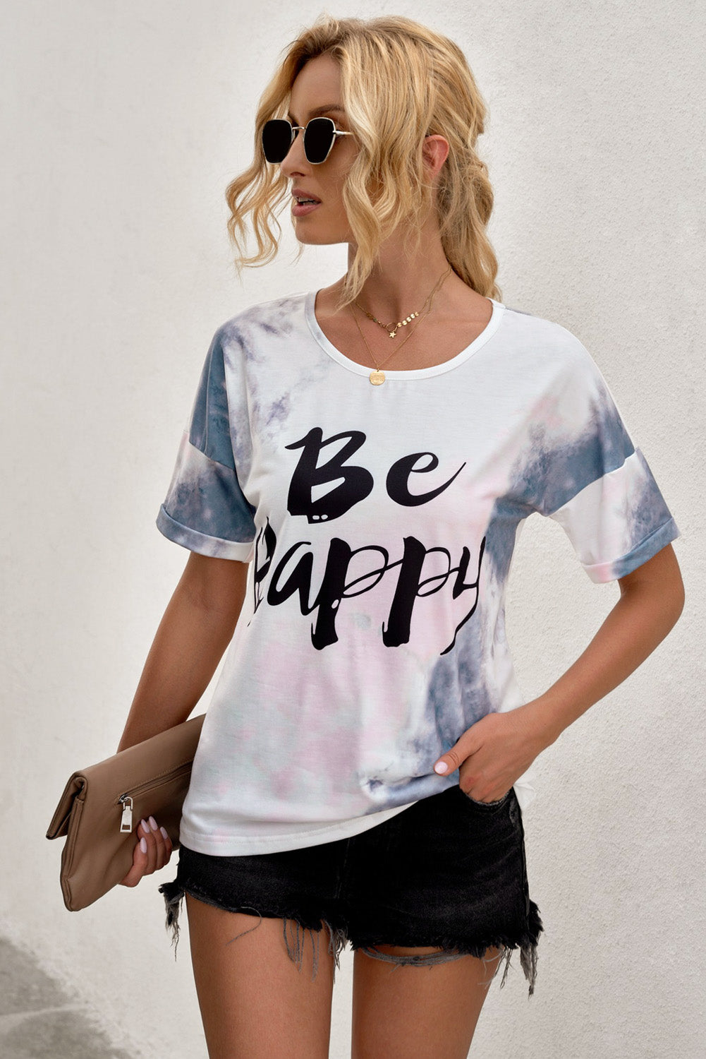 BE HAPPY Graphic Round Neck Tee-Jewearrings