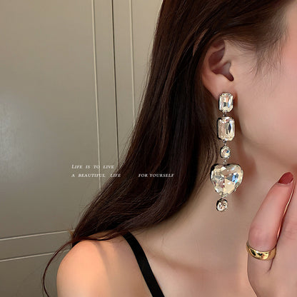 Silver Pin Rhinestone Love Earrings Exaggerate The Internet Celebrity Fashion-Jewearrings