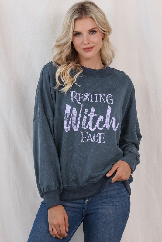 Round Neck RESTING WITCH FACE Graphic Sweatshirt-Jewearrings