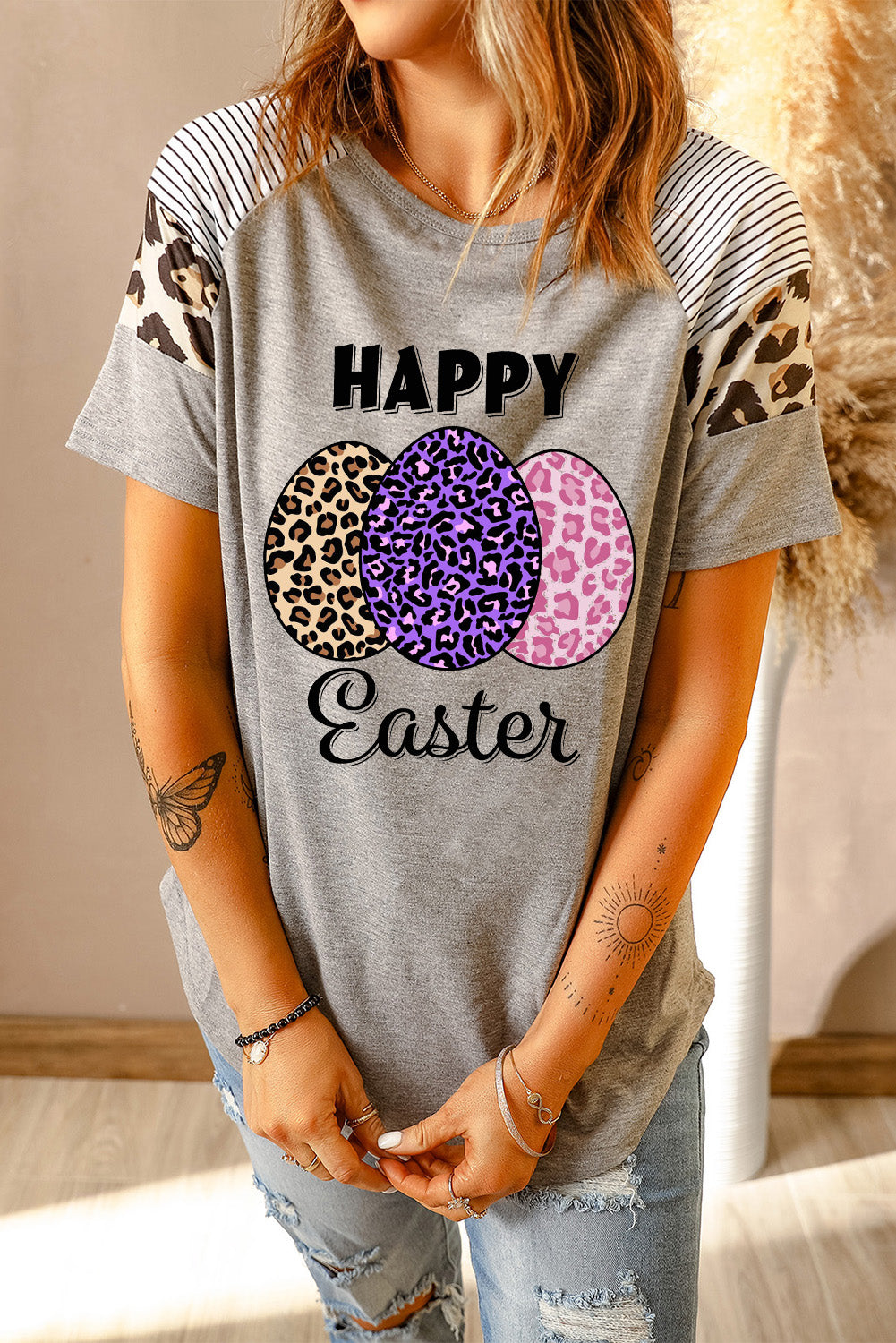 HAPPY EASTER Leopard Graphic Raglan Sleeve Tee-Jewearrings