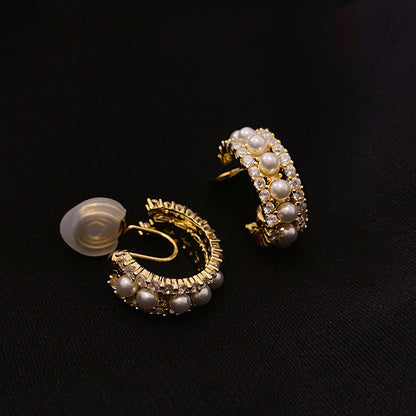 Vintage C- Shaped Gold-plated Zircon Pearl Earrings-Jewearrings