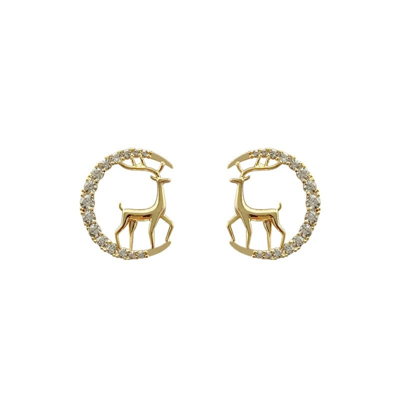 925 Silver Temperament Christmas Elk Moon Stud Earrings-Jewearrings