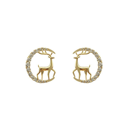 925 Silver Temperament Christmas Elk Moon Stud Earrings-Jewearrings