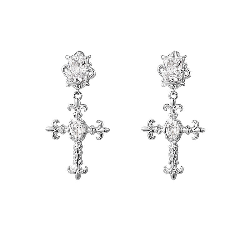 Frosty Silver Needle Zircon Cross Earrings-Jewearrings