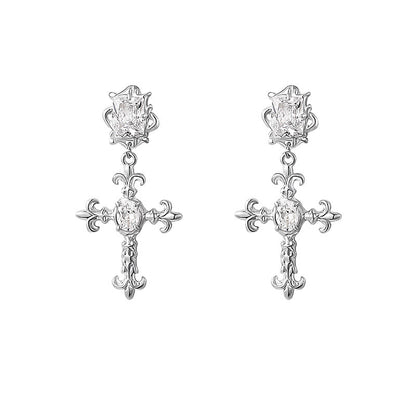 Frosty Silver Needle Zircon Cross Earrings-Jewearrings