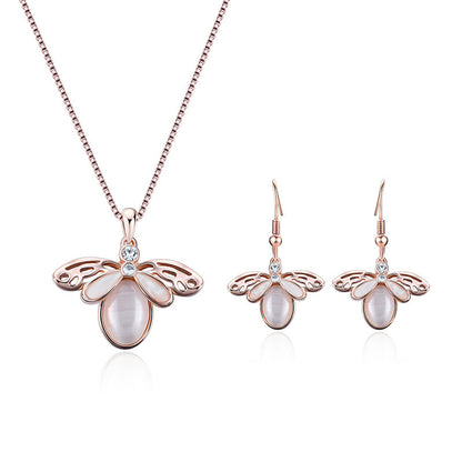 Simple Style Alloy Inlaid Zircon Necklace Earrings Opal Jewelry Two-piece Set-Jewearrings