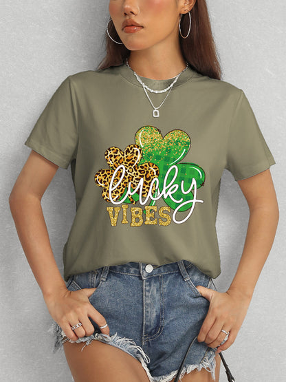 LUCKY VIBES Round Neck Short Sleeve T-Shirt-Jewearrings