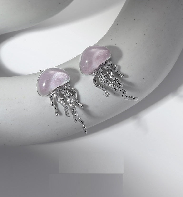 Romantic Minimalist Design Fluorescent Color Jellyfish Silver Stud Earrings-Jewearrings