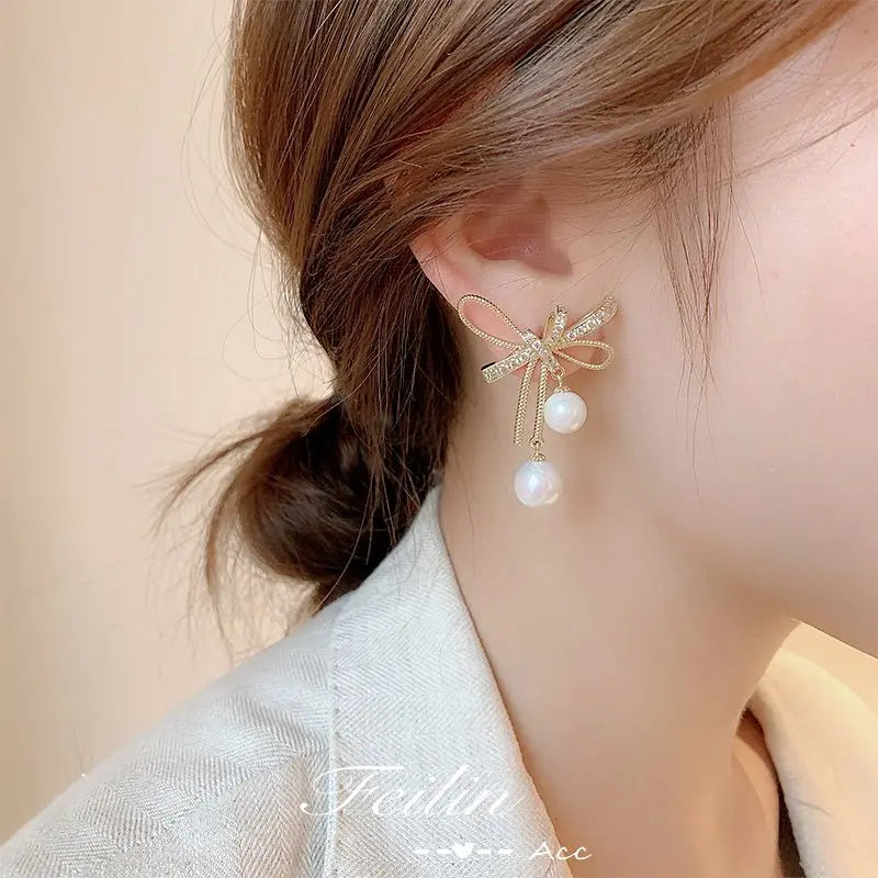 Dainty Pearl Bow Earrings-Jewearrings