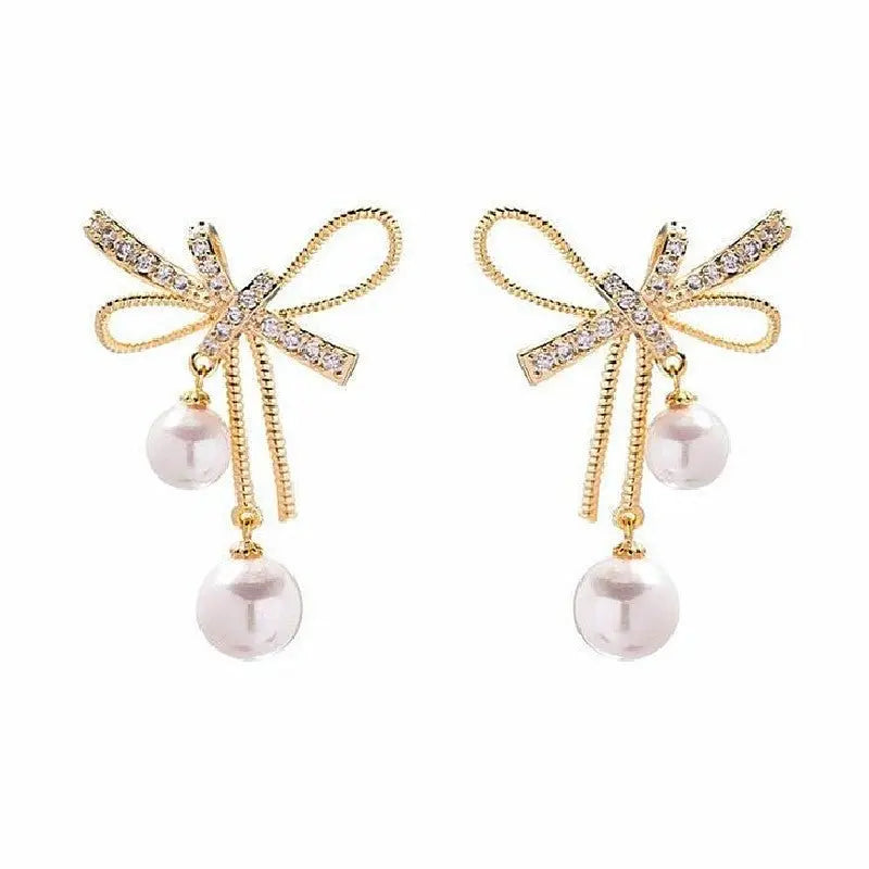 Dainty Pearl Bow Earrings-Jewearrings