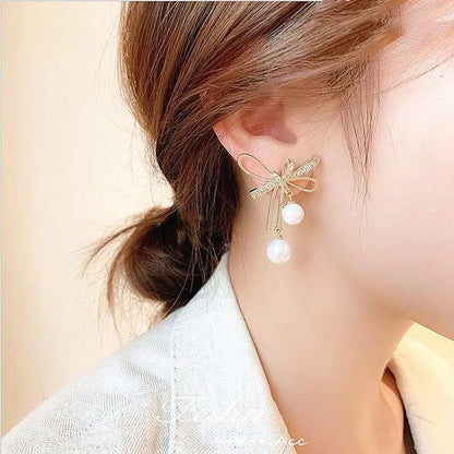 Dainty Pearl Bow Earrings-Jewearrings