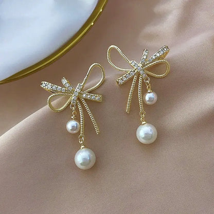 Dainty Pearl Bow Earrings-Jewearrings