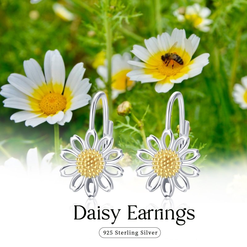 Daisy Leverback Hoop Earrings in White Gold Plated Sterling Silver-Jewearrings