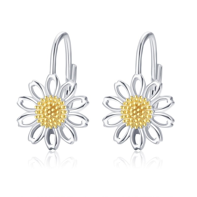 Daisy Leverback Hoop Earrings in White Gold Plated Sterling Silver-Jewearrings