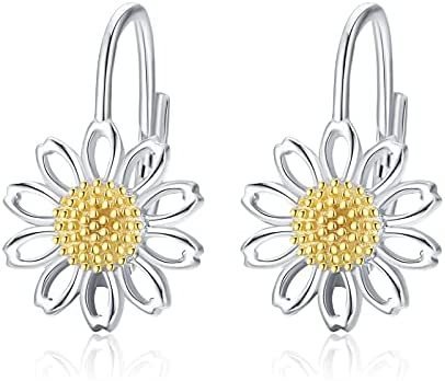 Daisy Leverback Hoop Earrings in White Gold Plated Sterling Silver-Jewearrings