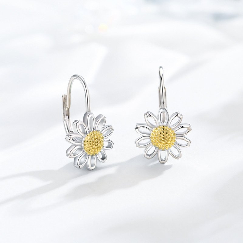 Daisy Leverback Hoop Earrings in White Gold Plated Sterling Silver-Jewearrings