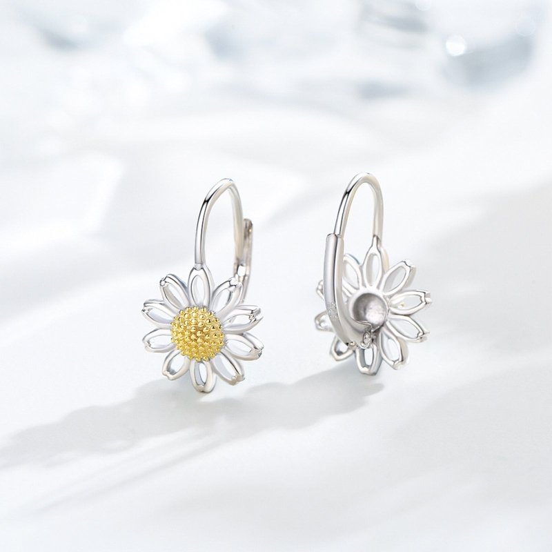 Daisy Leverback Hoop Earrings in White Gold Plated Sterling Silver-Jewearrings