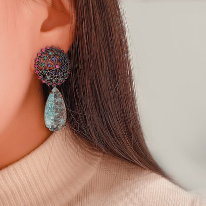 Dandelion Flower Blue Crystal Tassel Earrings-Jewearrings