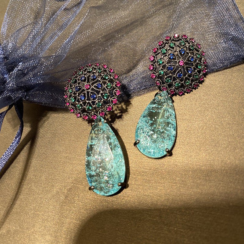 Dandelion Flower Blue Crystal Tassel Earrings-Jewearrings