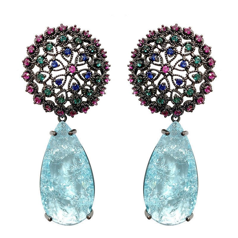 Dandelion Flower Blue Crystal Tassel Earrings-Jewearrings