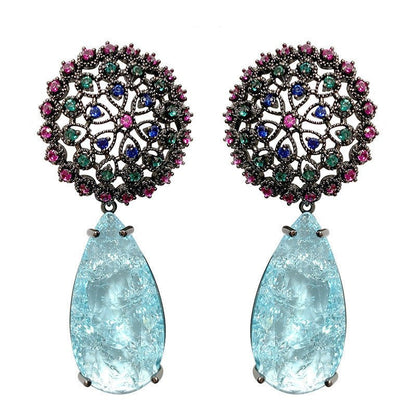 Dandelion Flower Blue Crystal Tassel Earrings-Jewearrings