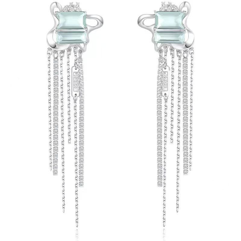 Daydream Series Mint Green Geometric Diamond Tassel Stud Earrings-Jewearrings