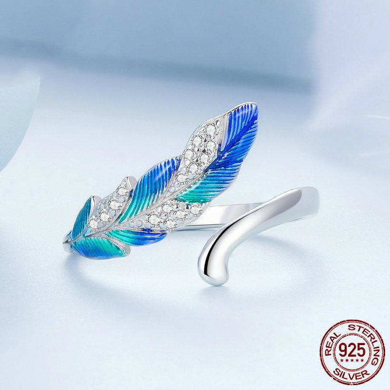 Dazzling Blue Feather Earrings Ring Jewelry Set-Jewearrings