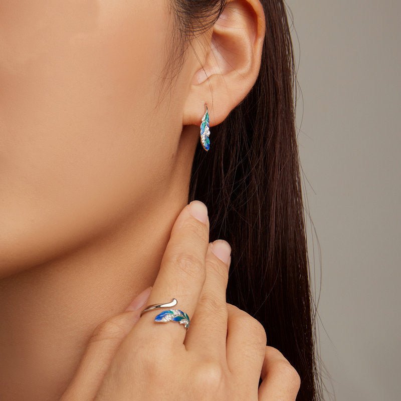 Dazzling Blue Feather Earrings Ring Jewelry Set-Jewearrings