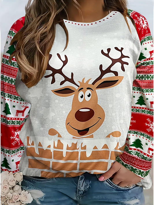 Plus Size Reindeer Graphic Long Sleeve T-Shirt-Jewearrings