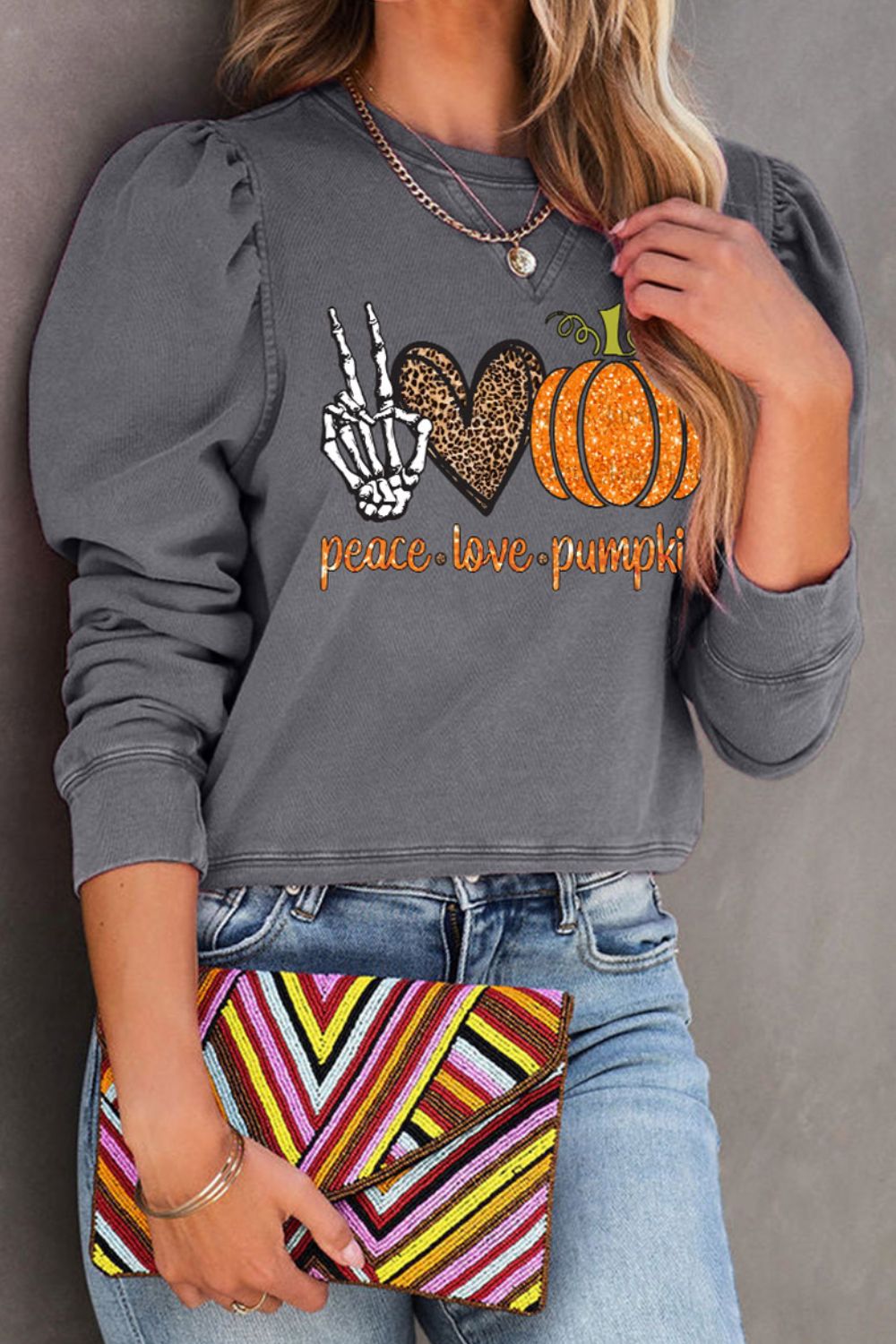 PEACE LOVE PUMPKIN Graphic Puff Sleeve Sweatshirt-Jewearrings