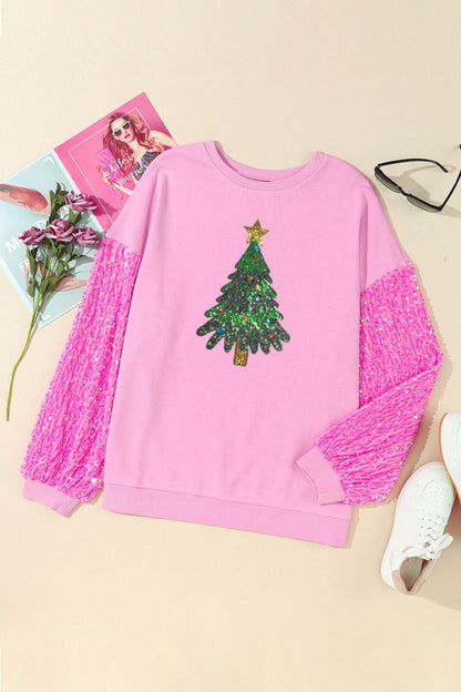 Christmas Tree Sequin Round Neck Sweatshirt-Jewearrings