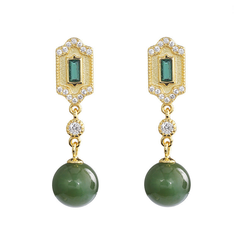 Emerald Tassel 925 Silver Inlaid Southern Red Agate Gem Hetian Jade Retro Female Earrings-Jewearrings