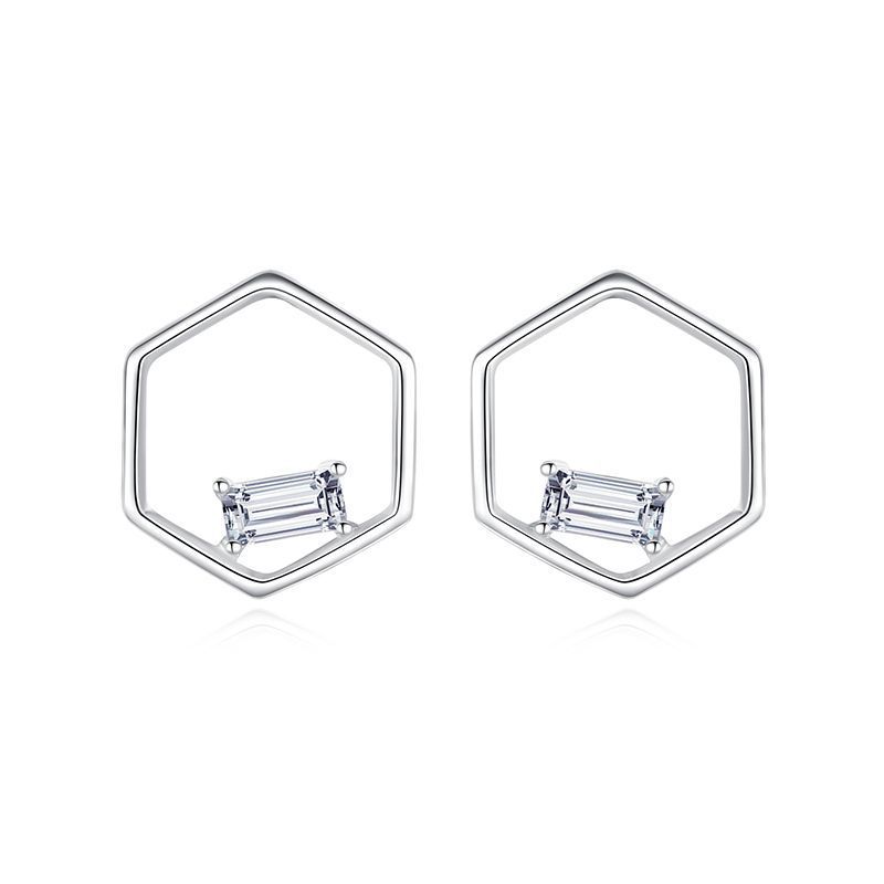 S925 Sterling Silver Hexagon Stud Earrings With Diamonds-Jewearrings