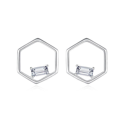 S925 Sterling Silver Hexagon Stud Earrings With Diamonds-Jewearrings