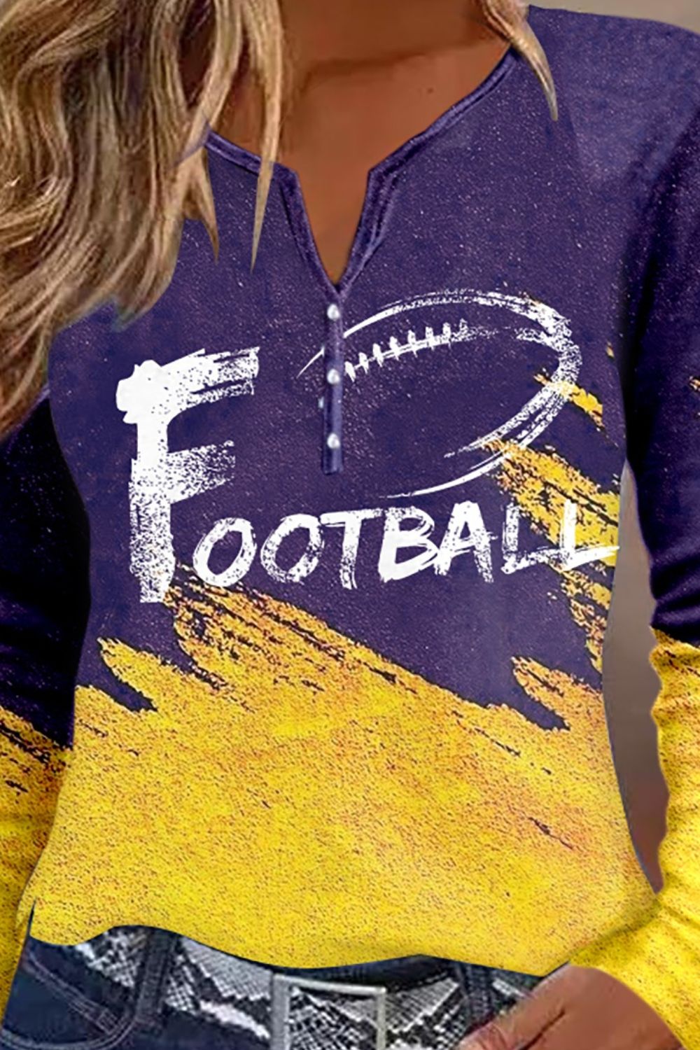 FOOTBALL Graphic Notched Neck Long Sleeve T-Shirt-Jewearrings