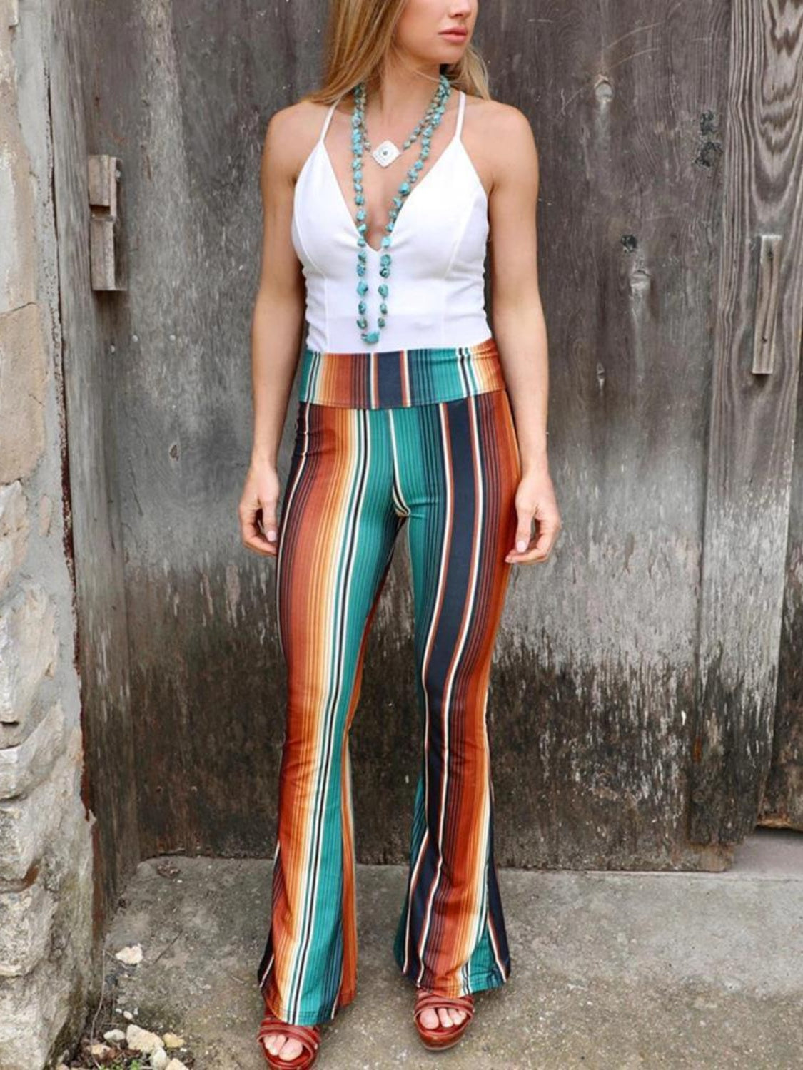 High Waist Striped Bootcut Pants-Jewearrings