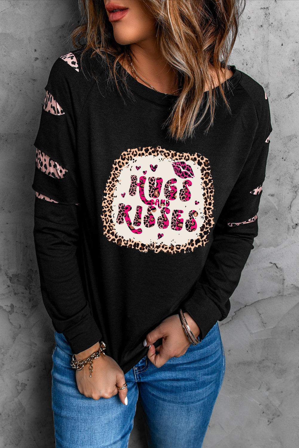 HUGS AND KISSES Leopard Round Neck Sweatshirt-Jewearrings