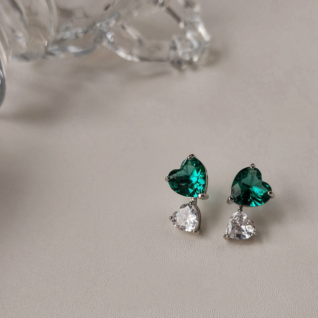 Ancient Temperament Green Zircon Love Heart 925 Silver Stud Earrings-Jewearrings