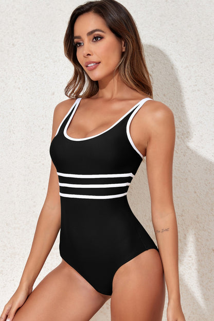 Contrast Trim Scoop Neck One-Piece Swimwear-Jewearrings