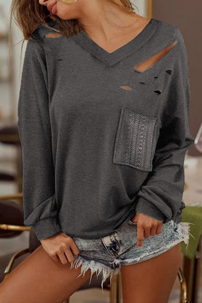 Distressed V-Neck Long Sleeve T-Shirt With Pockets-Jewearrings